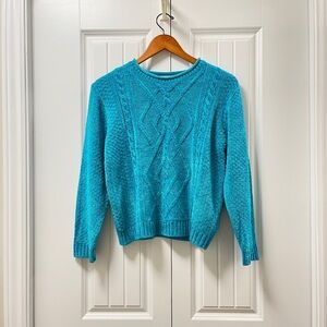 Vintage Evan Picone Chenille Cable Knit Teal Blue Sweater